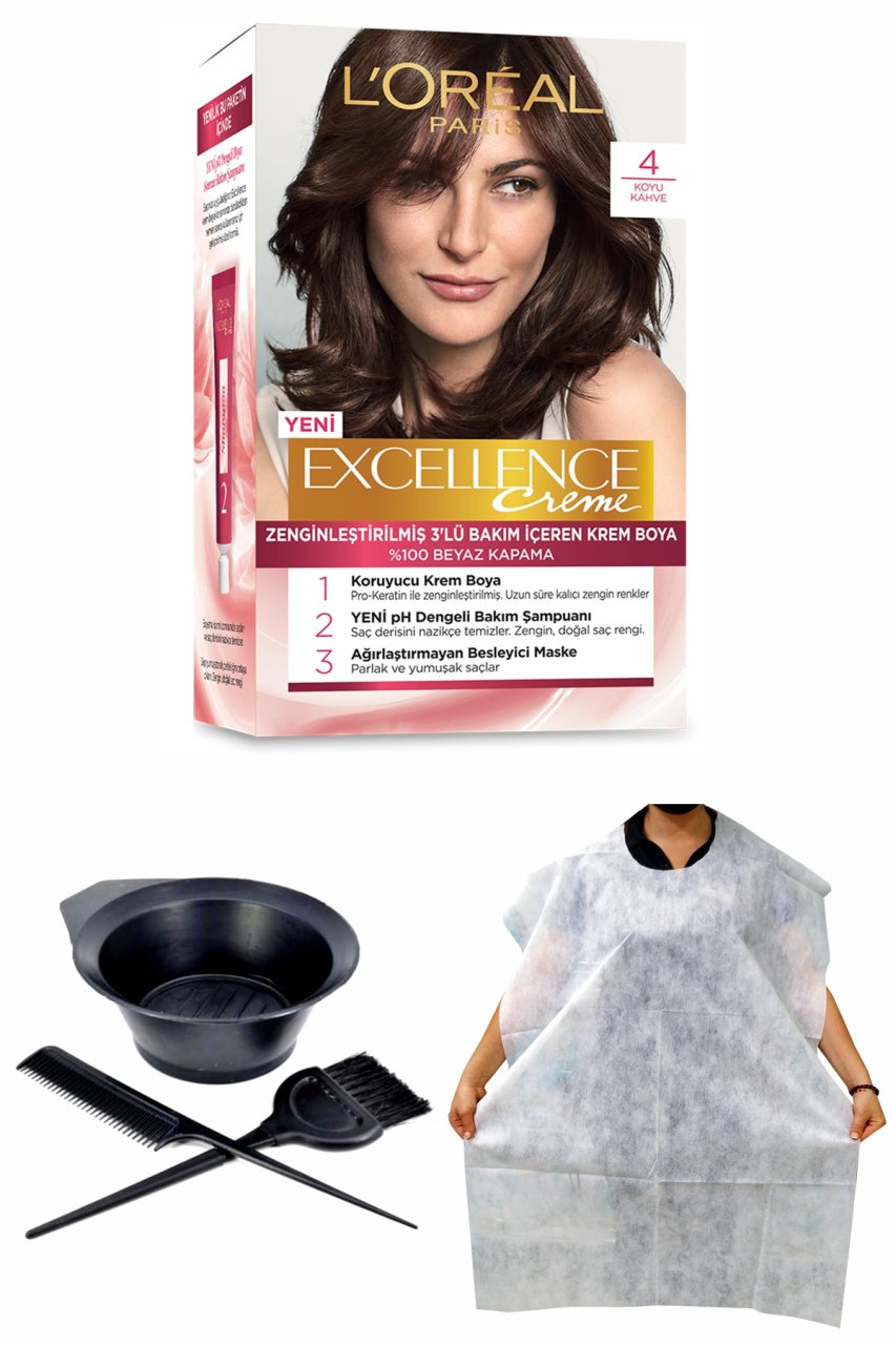Excellence Saç Boyası 4 Koyu Kahve + Saç Boyama Önlüğü + Saç Boyama Seti