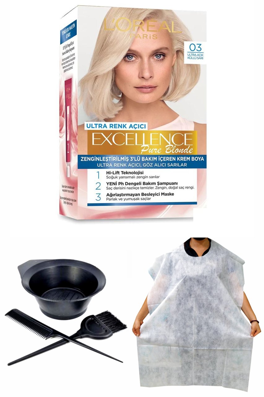 Excellence Pure Blonde 03 Ultra Açık Küllü Sarı + Saç Boyama Önlüğü + Saç Boyama Seti
