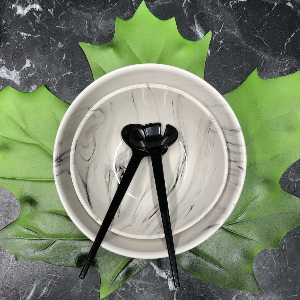 Yuvarlak Salata Kasesi Mermer Desenli İkili Set