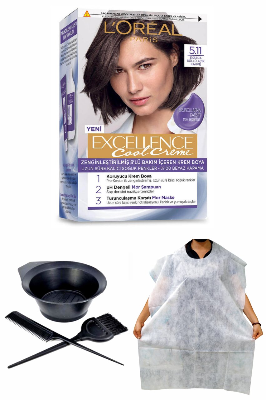 Excellence Cool Saç Boyası 5.11 Ekstra Küllü Açık Kahve + Saç Boyama Önlüğü + Saç Boyama S