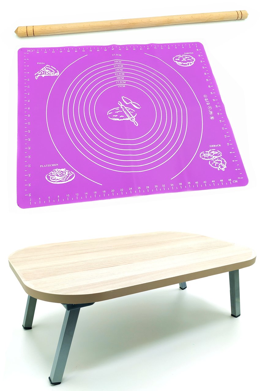 Hamur Açma Matı Silikon Mor 40x50cm + Dikdörtgen Sofra 40x60cm + Ahşap Oklava 47cm