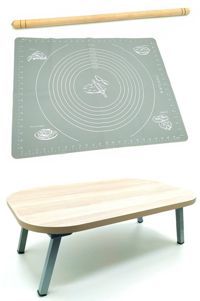 Hamur Açma Matı Silikon Gri 40x50cm + Dikdörtgen Sofra 40x60cm + Ahşap Oklava 47cm