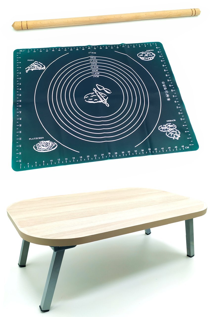 Hamur Açma Matı Silikon Yeşil 40x50cm + Dikdörtgen Sofra 40x60cm + Ahşap Oklava 47cm