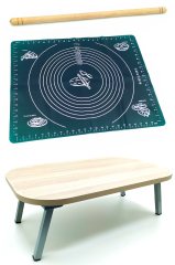 Hamur Açma Matı Silikon Yeşil 40x50cm + Dikdörtgen Sofra 40x60cm + Ahşap Oklava 47cm