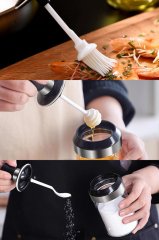 3lü Akıllı Baharatlık Cam Hazneli Kavanoz Bal Kaşıklı - Silikon Fırçalı - Baharat Kaşıklı