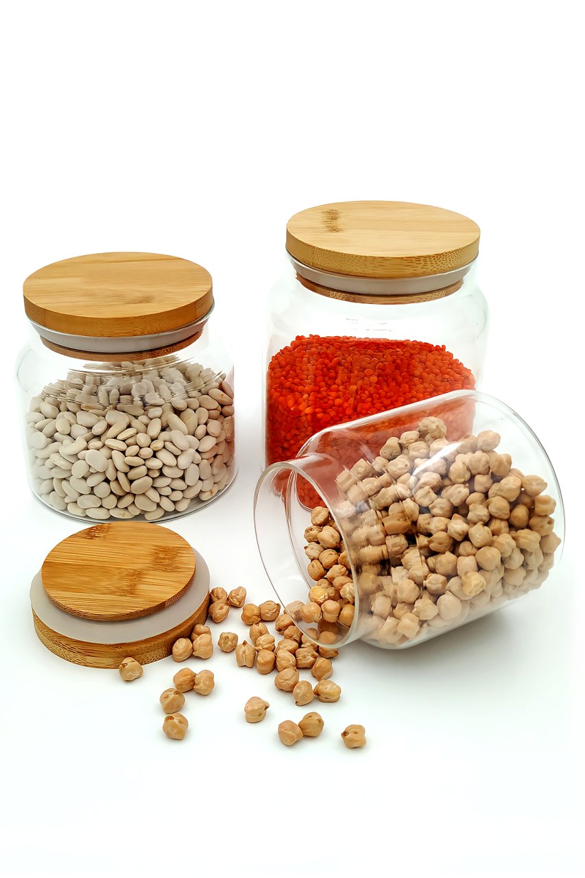 Kavanoz Cam Bambu Kapaklı 3lü Set 400ml + 500ml + 800ml